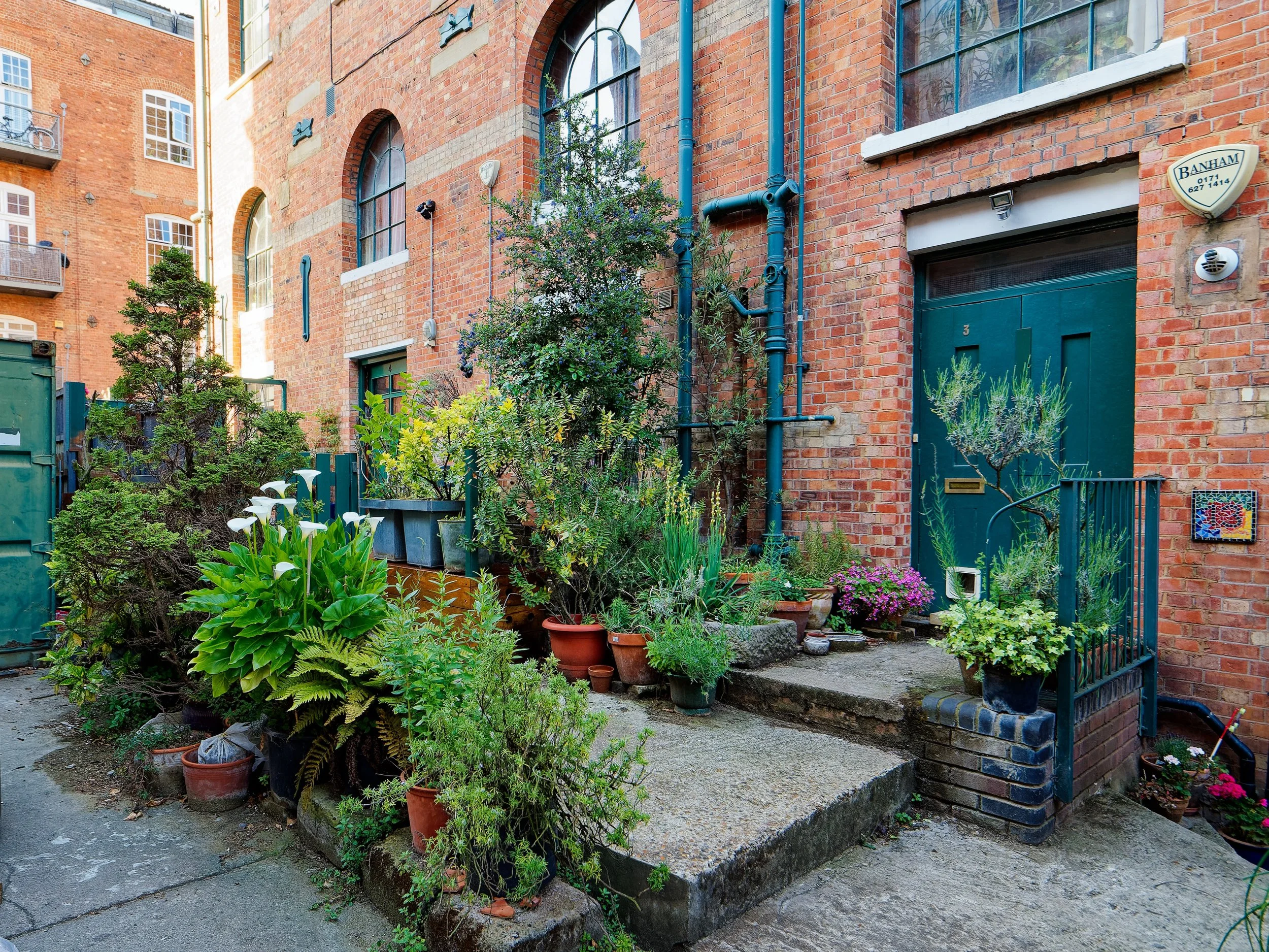 Garden area outside brick apartment building with potted plants, flowers, and trees near a green door and brick steps.