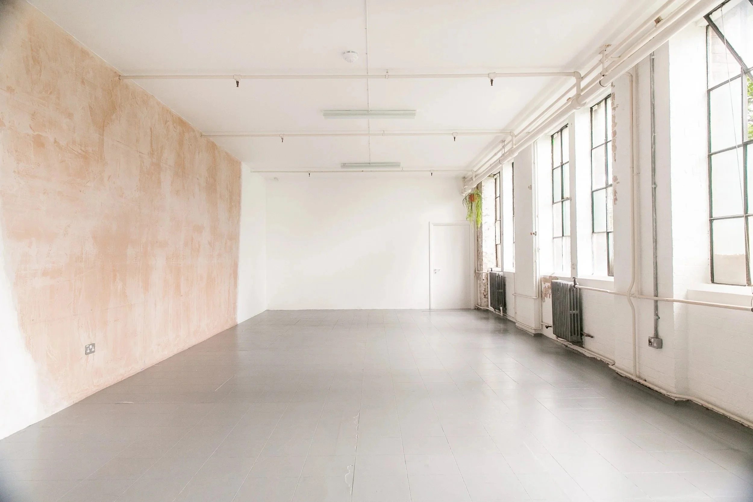 Empty room with large windows, white walls, and a single pinkish wall with peeling paint. There are radiators along the wall next to the windows, and some plants hanging near the windows. The floor is tiled in gray, and the ceiling has exposed pipes 