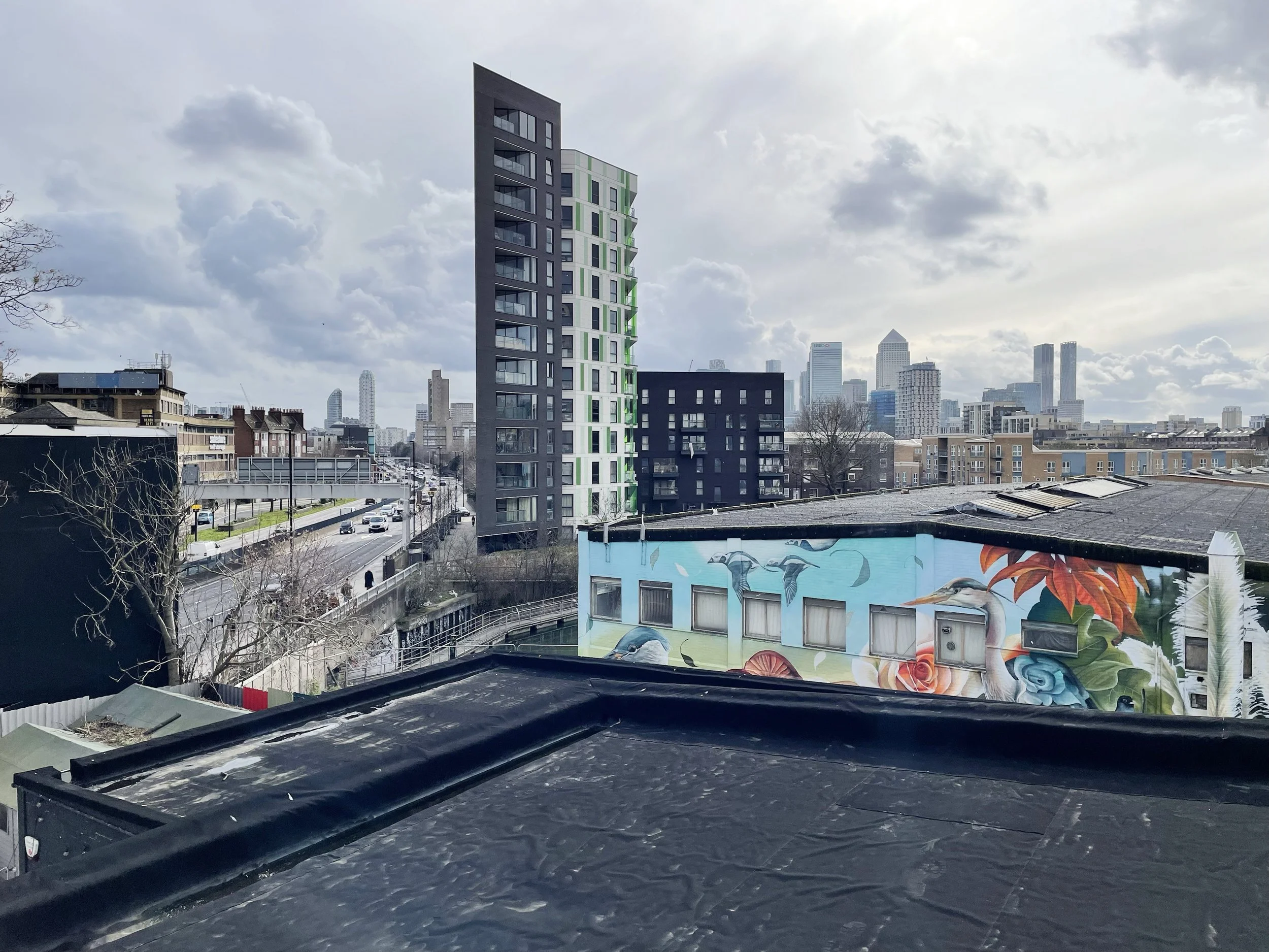 Cityscape with high-rise buildings, cloudy sky, and graffiti mural on a building in foreground.