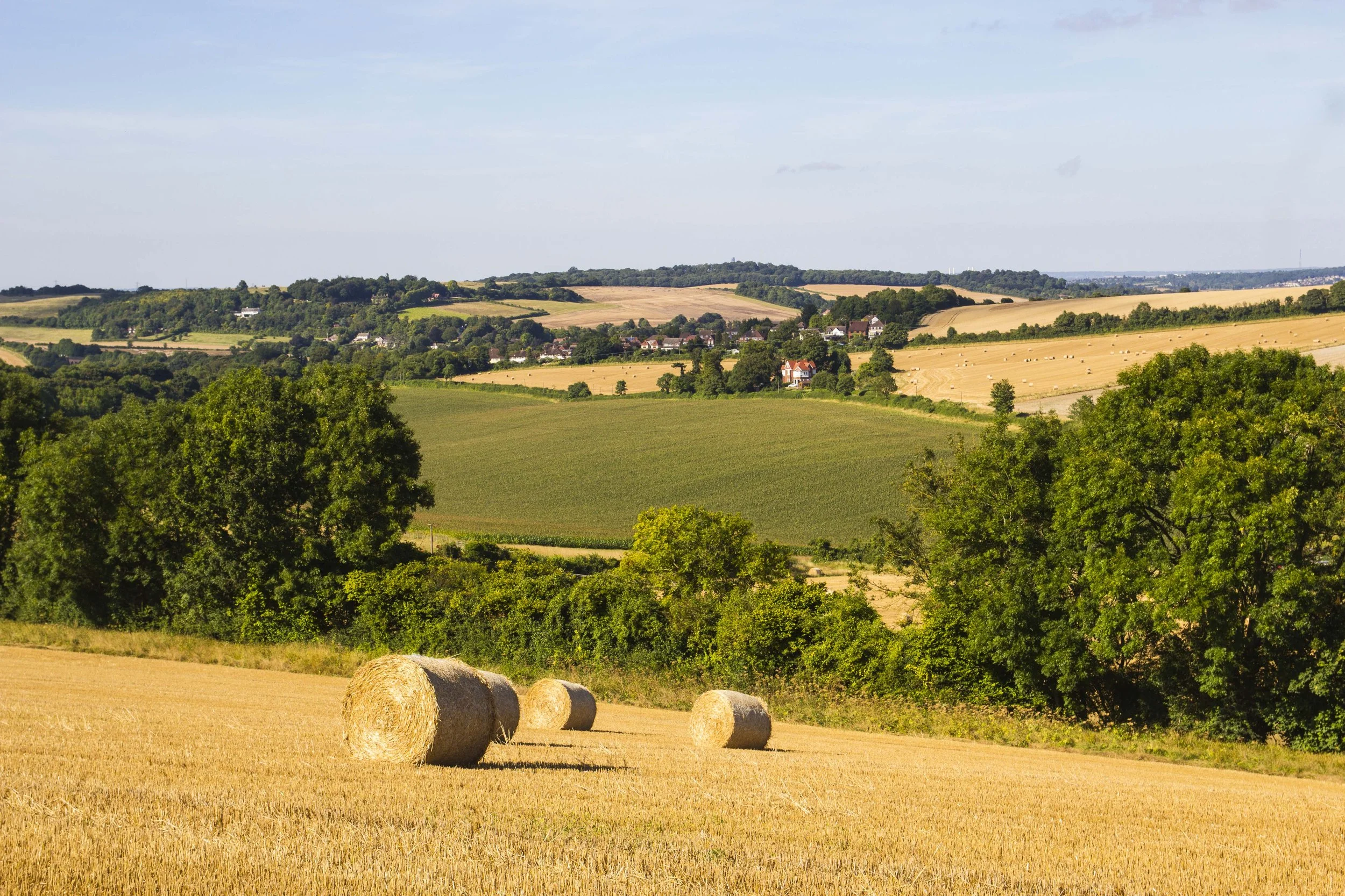 Rolling farmland with hay bales in the foreground and a patchwork of fields and trees in the distance under a clear sky.