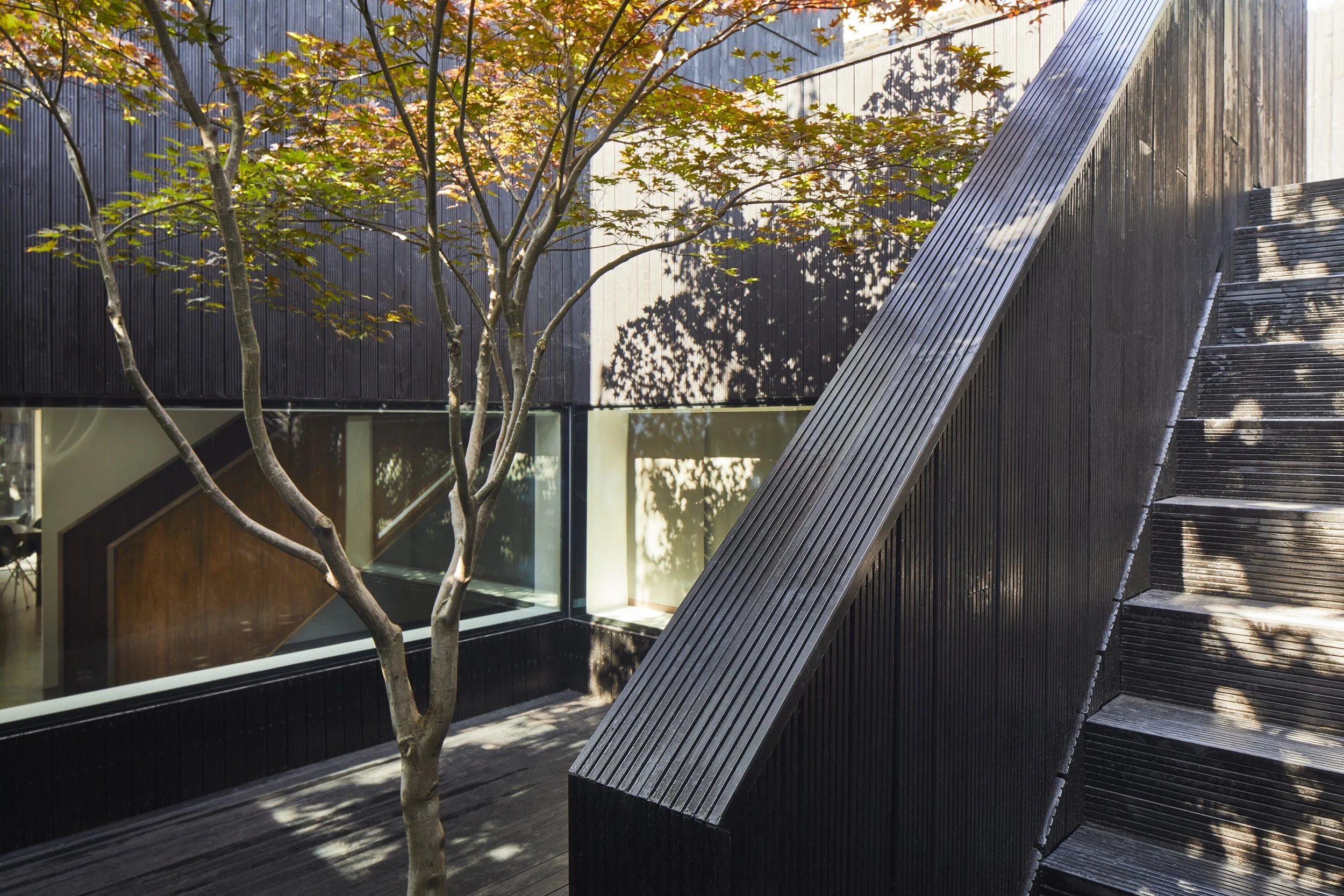 Modern building exterior with black wooden siding, stairs, and a tree with autumn leaves casting shadows.