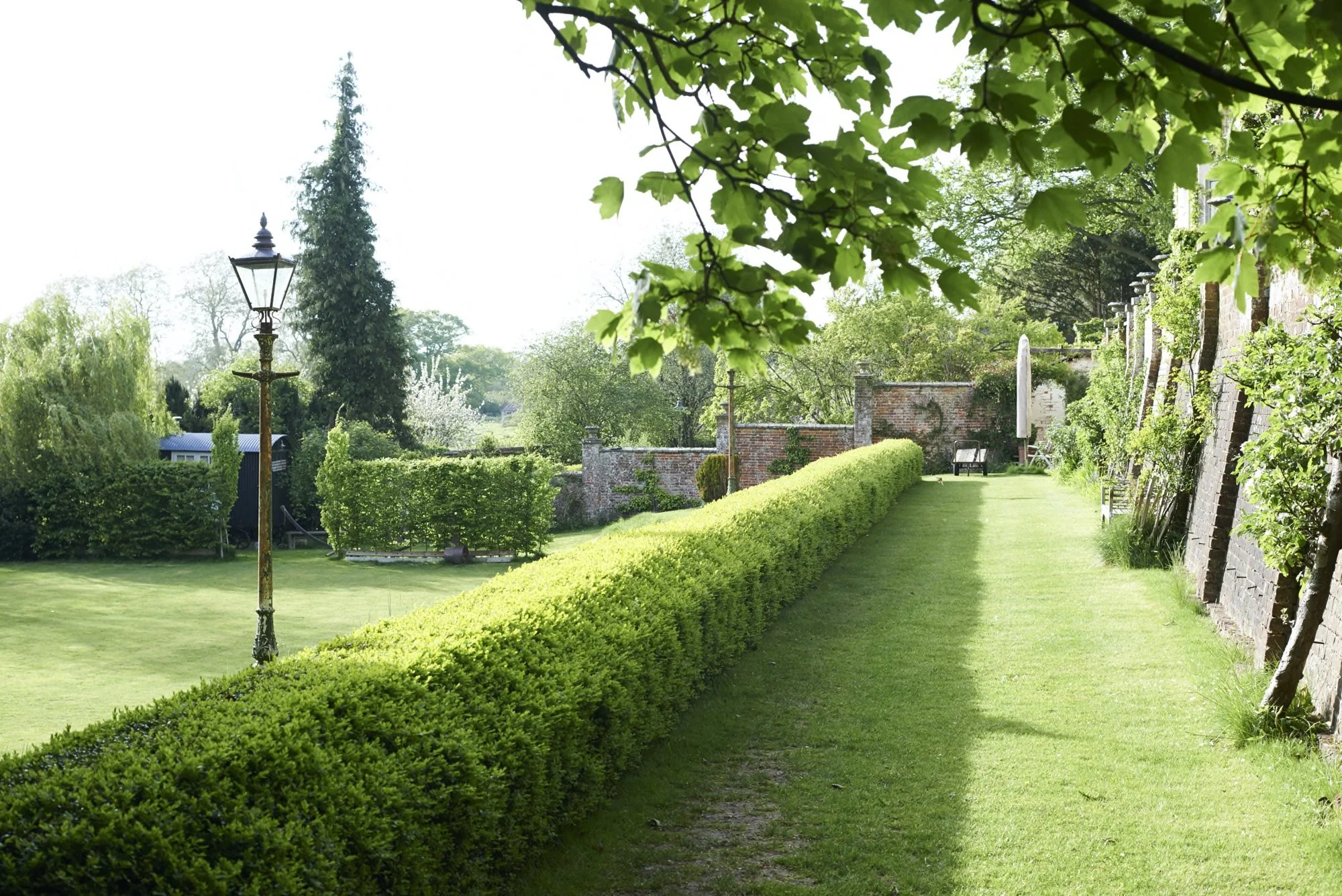 A peaceful garden scene with a well-maintained grass lawn, a trimmed hedge, an old brick wall, and lush trees. There's a vintage street lamp, benches, and blooming shrubbery under bright daylight.
