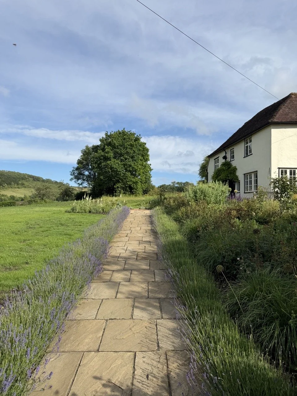 Stone pathway leading to a house with a white exterior, surrounded by greenery and flowers, under a blue sky with clouds.