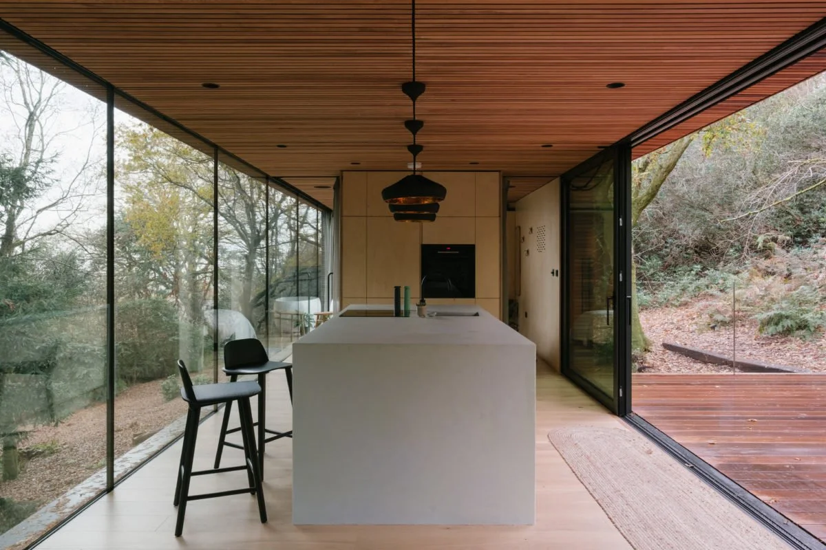 Modern kitchen with large glass windows, wooden ceiling, and minimal decor, overlooking a natural outdoor landscape.