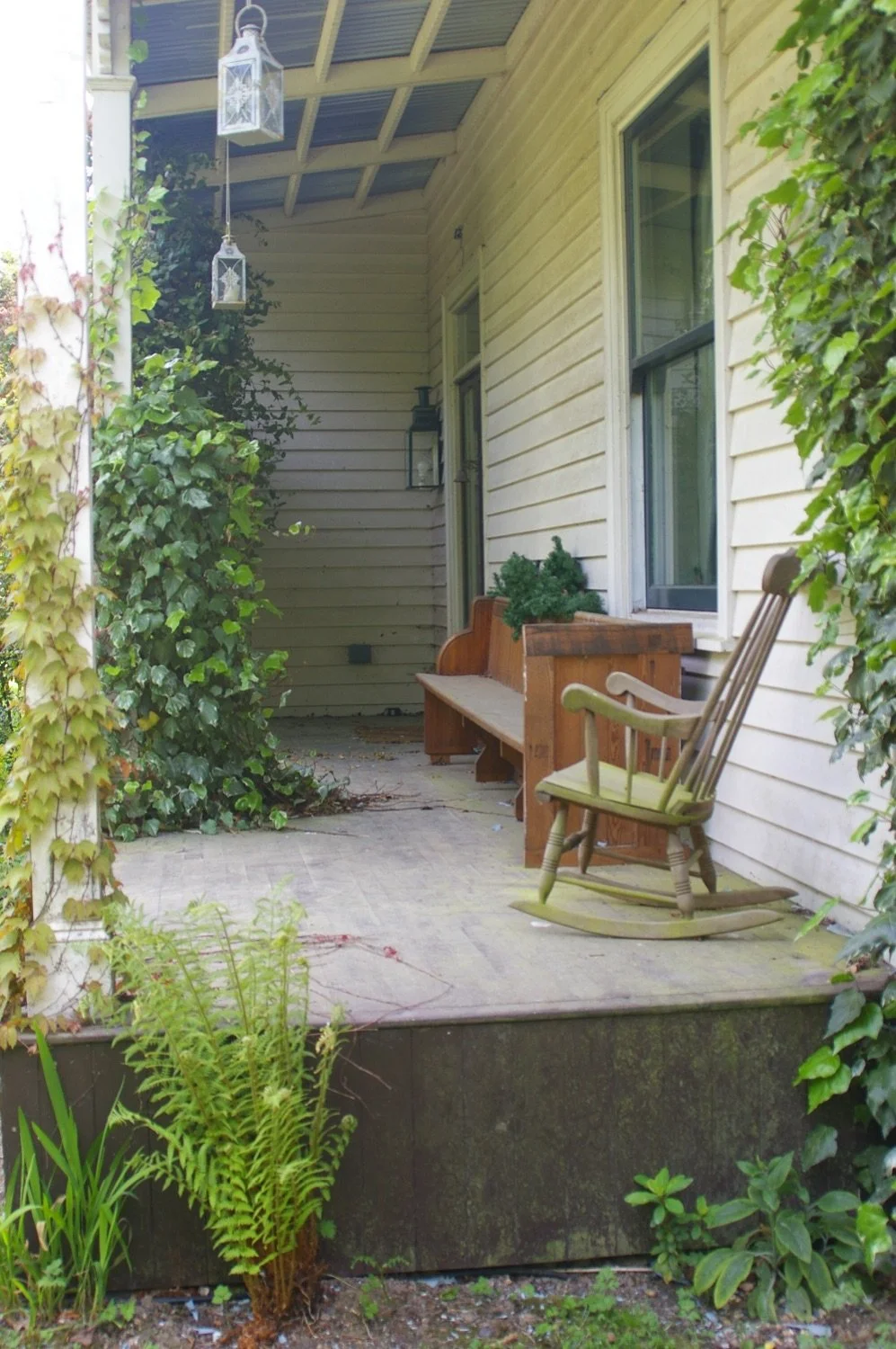 A porch with a wooden bench, a rocking chair, and hanging lanterns, surrounded by green plants and vines.