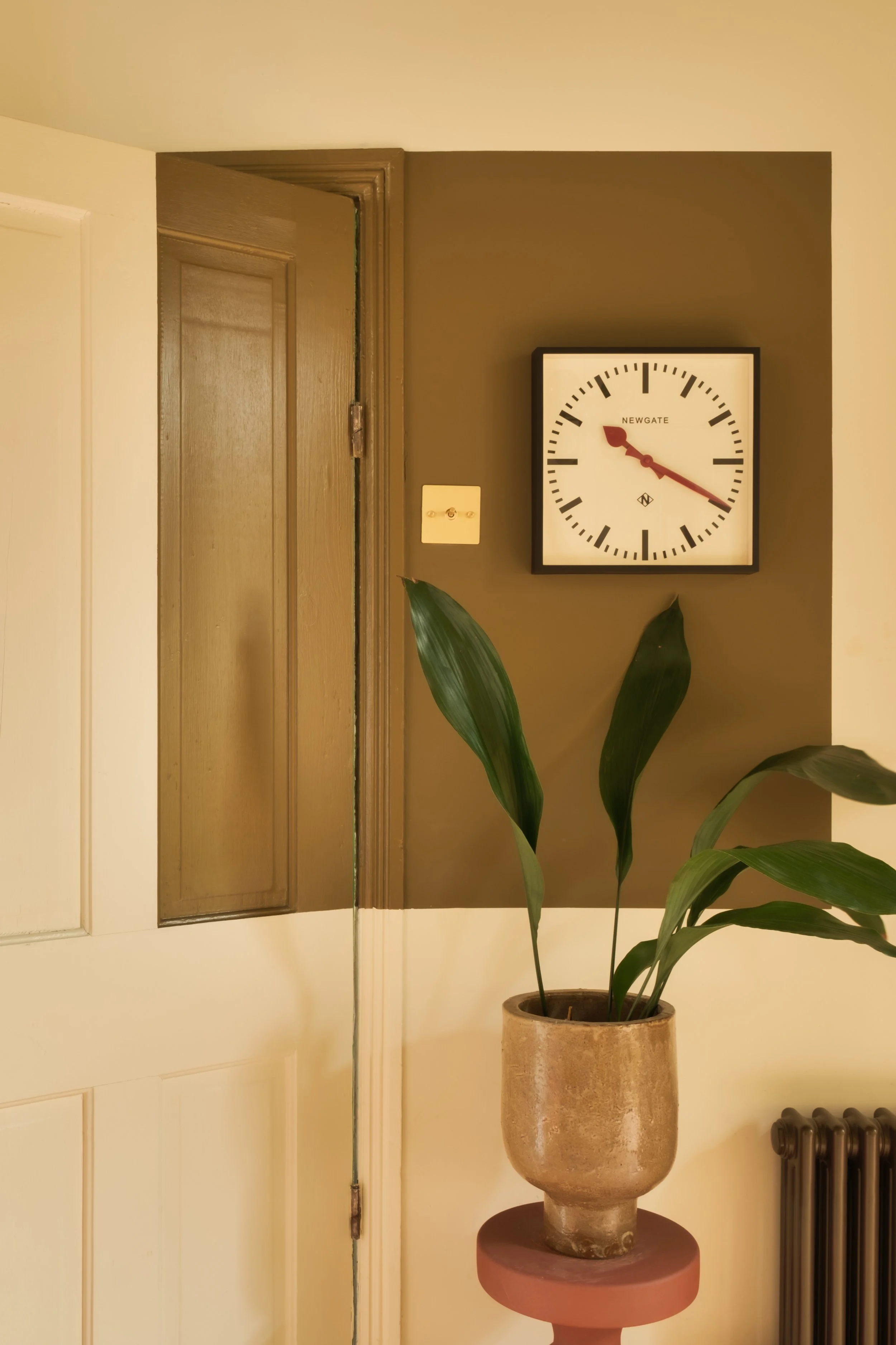 A wall clock showing approximately 10:17, a potted plant with long green leaves, a mirror, and part of a door and radiator.