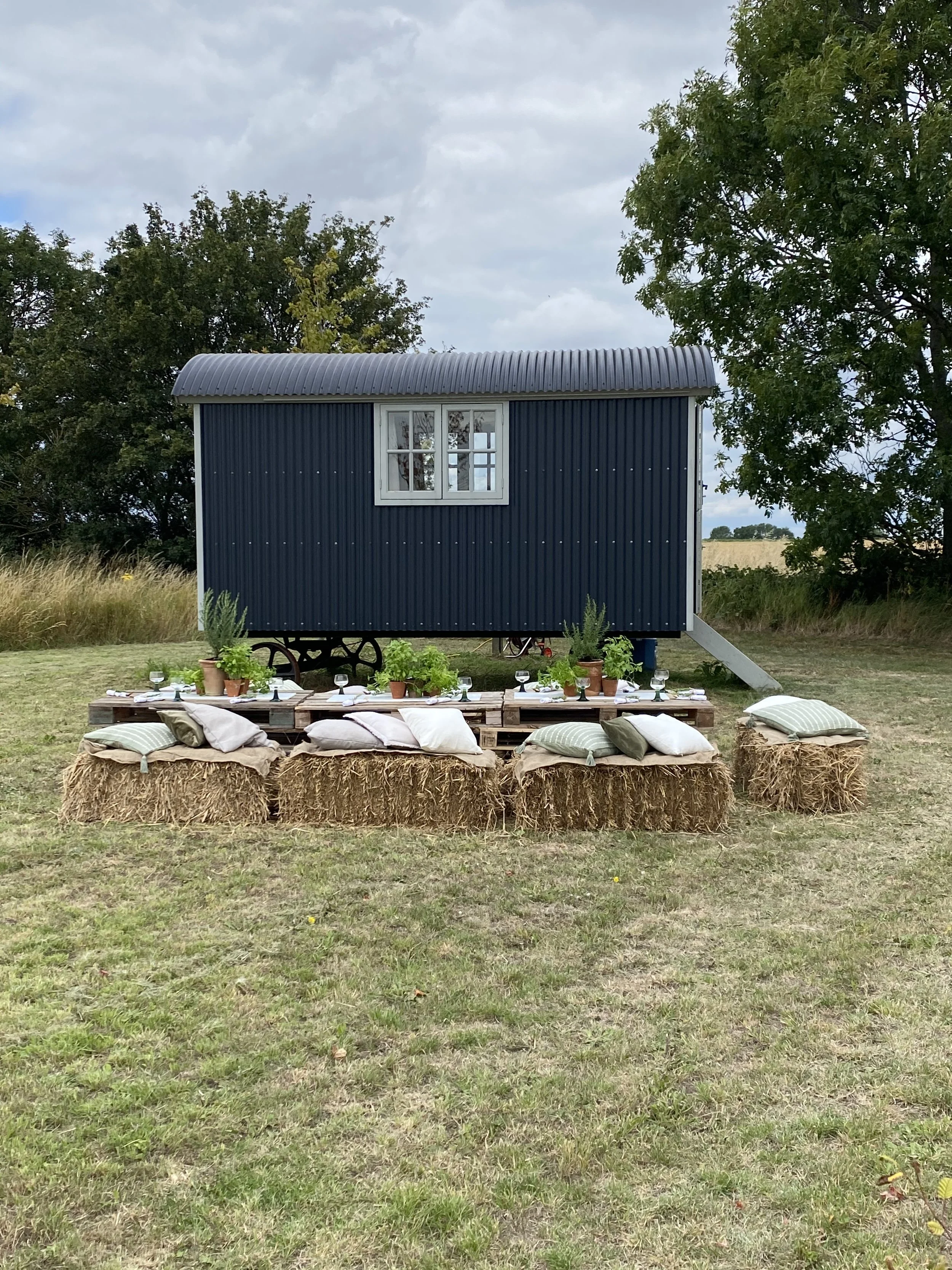 Outdoor setting with a tiny blue house on wheels, surrounded by trees and open grass. In front, there is a table made from pallets with potted plants and tableware, atop hay bales with pillows for seating.