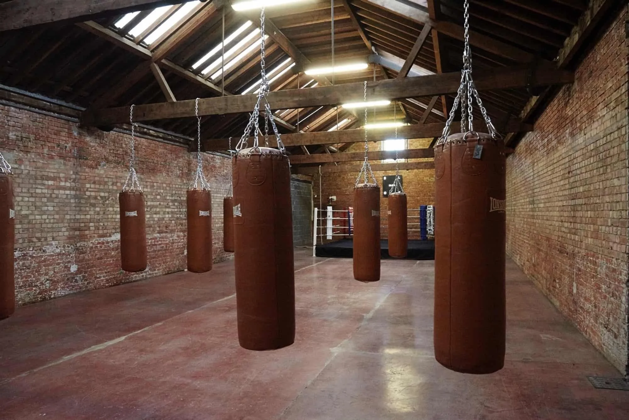 Empty boxing gym with brown punching bags hanging from the ceiling and a boxing ring in the background, exposed brick walls, and wooden ceiling beams.