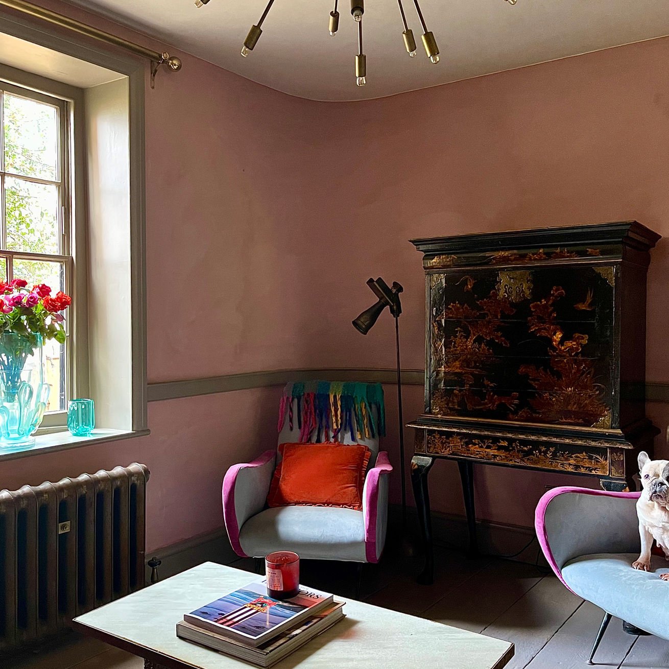 Living room with pink walls, a window with colorful vases and flowers, a white armchair with pink trim and an orange pillow, a second armchair with a French Bulldog, a marble and wood cabinet with an ornate design, a black standing lamp, a modern cei