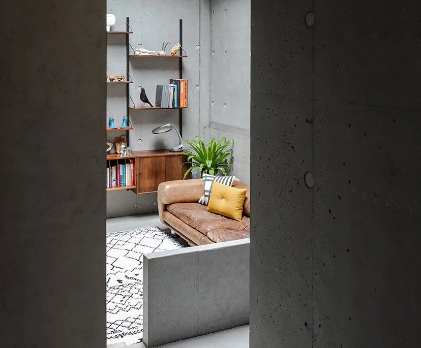 View of a modern living room with a brown sofa, yellow and striped pillows, a bookshelf, and a large green plant, seen through an opening in concrete walls.