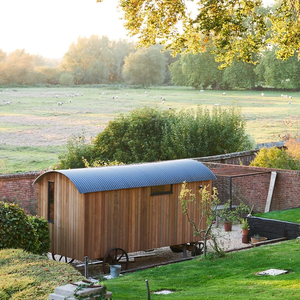 A small wooden shed with a curved roof situated in a backyard, with a grassy garden and potted plants. Beyond the yard, there is a brick wall and an open field with sheep grazing, surrounded by trees.
