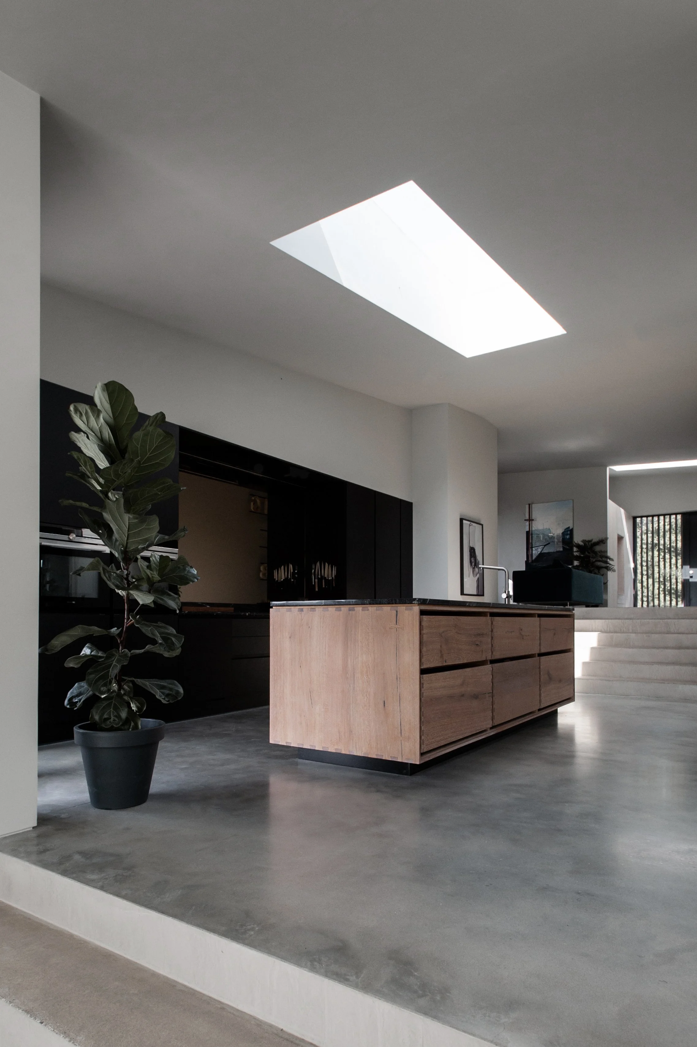 Modern interior with wooden kitchen island, black cabinets, a potted fiddle leaf fig plant, skylight, and staircase in the background.