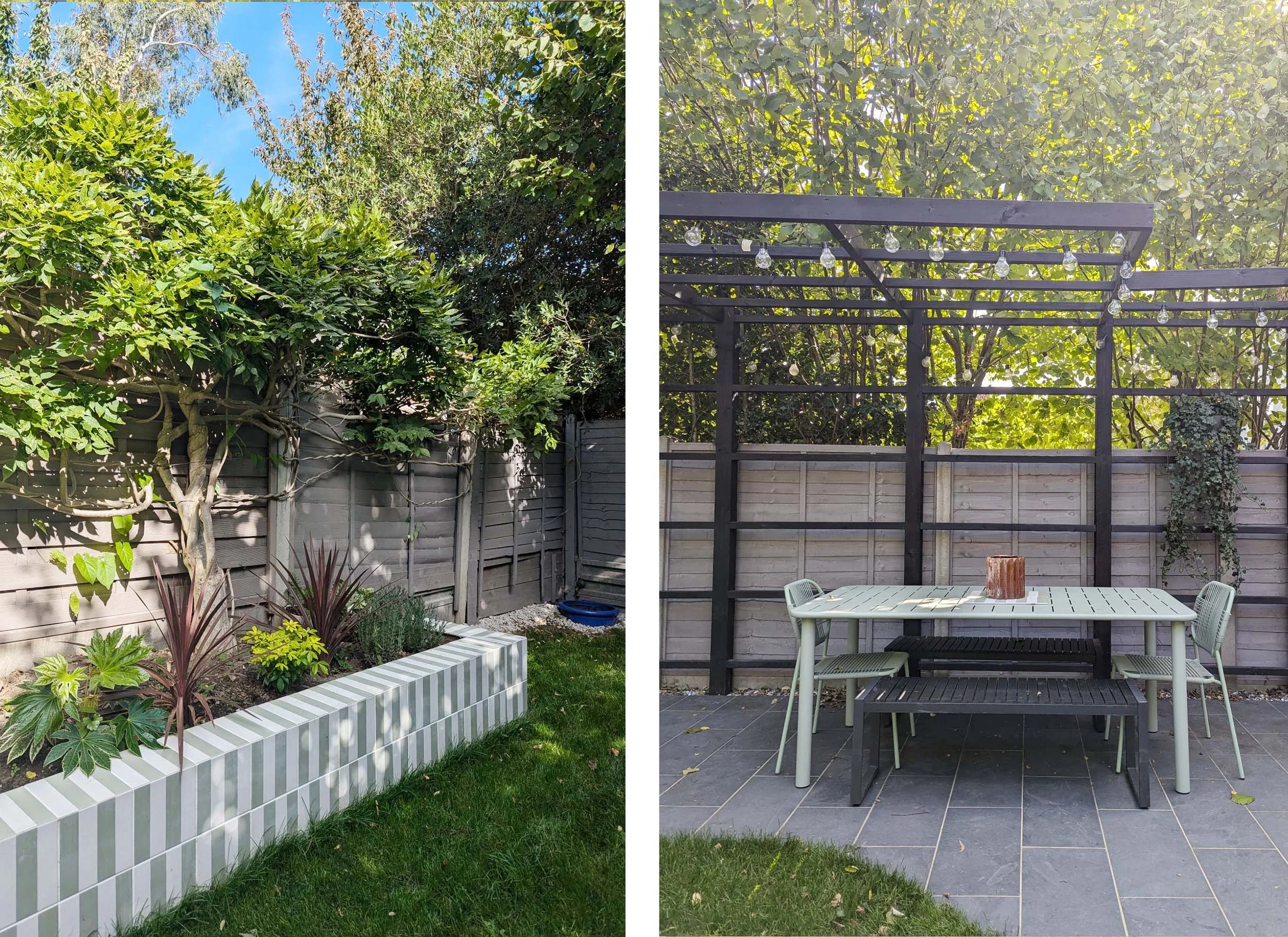 Side-by-side comparison of two backyard scenes. The left image shows a garden with a variety of plants and trees, a wooden fence, and a strip of grass. The right image shows a patio area with a table, chairs, a bench, a small brick object, a wooden t