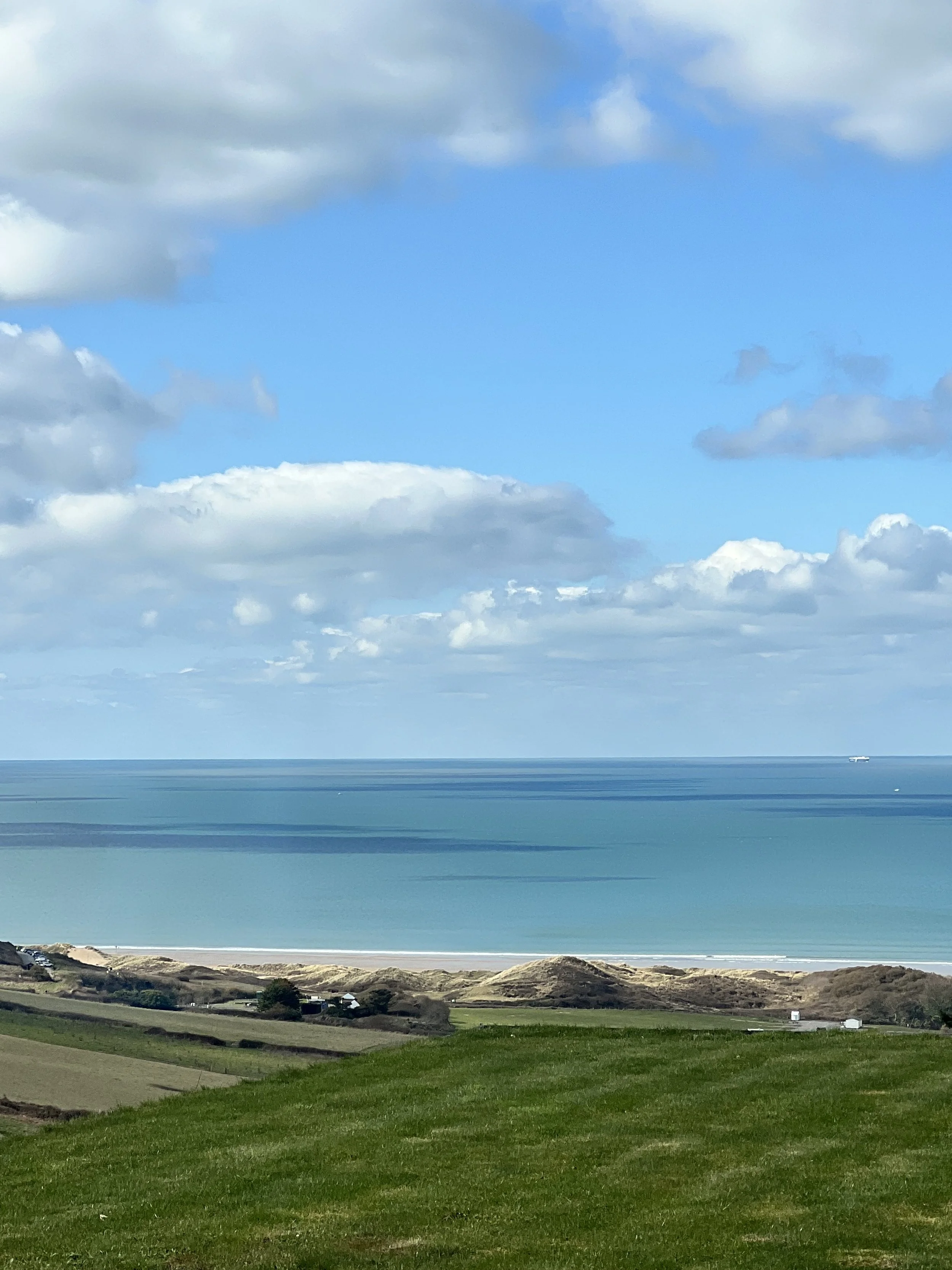 Scenic view of a grassy green field leading to a beach with light blue ocean water, under a partly cloudy sky with fluffy white clouds.