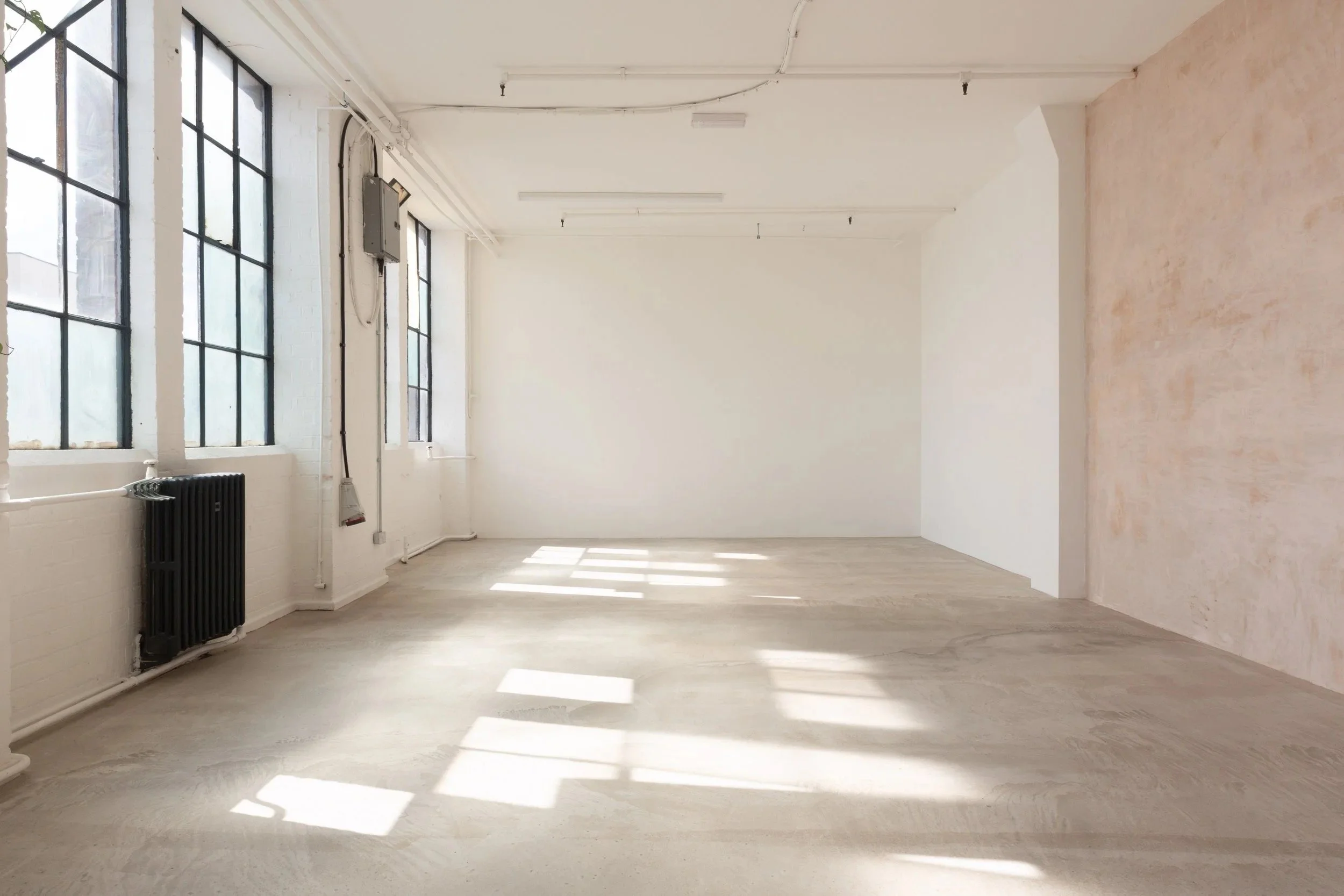 Empty room with large windows, sunlight streaming in, white walls, and a hardwood floor.