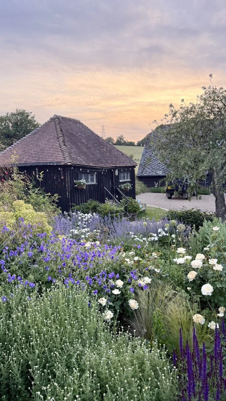 A scenic view of a garden with colorful flowers and greenery, two black wooden houses with tiled roofs, and a sunset sky in the background.