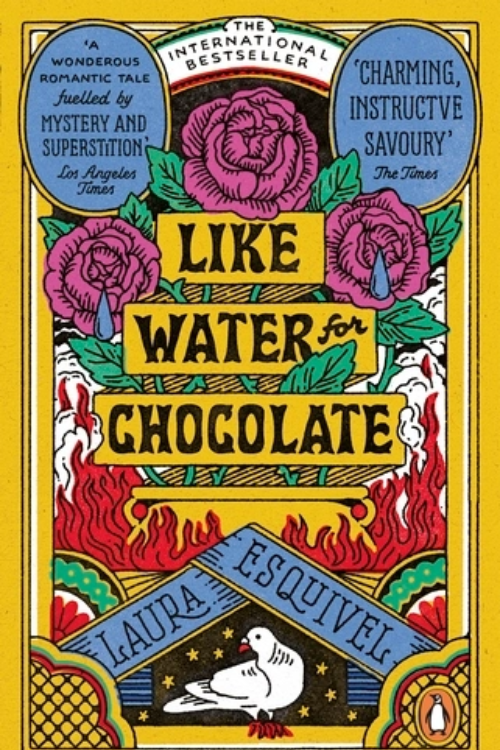 Book cover for Like Water for Chocolate with roses, and  pot cooking over a fire