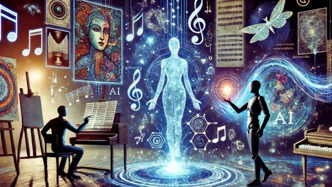 AI-generated artwork depicting a human pianist and robotic AI collaborator jointly creating an ethereal holographic figure surrounded by musical notes and artistic elements, symbolising human-AI creative partnership