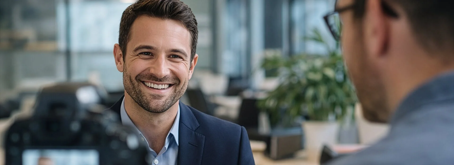 Smiling white male being interviewed in a modern office with a video camera in the foreground and interviewer at the side