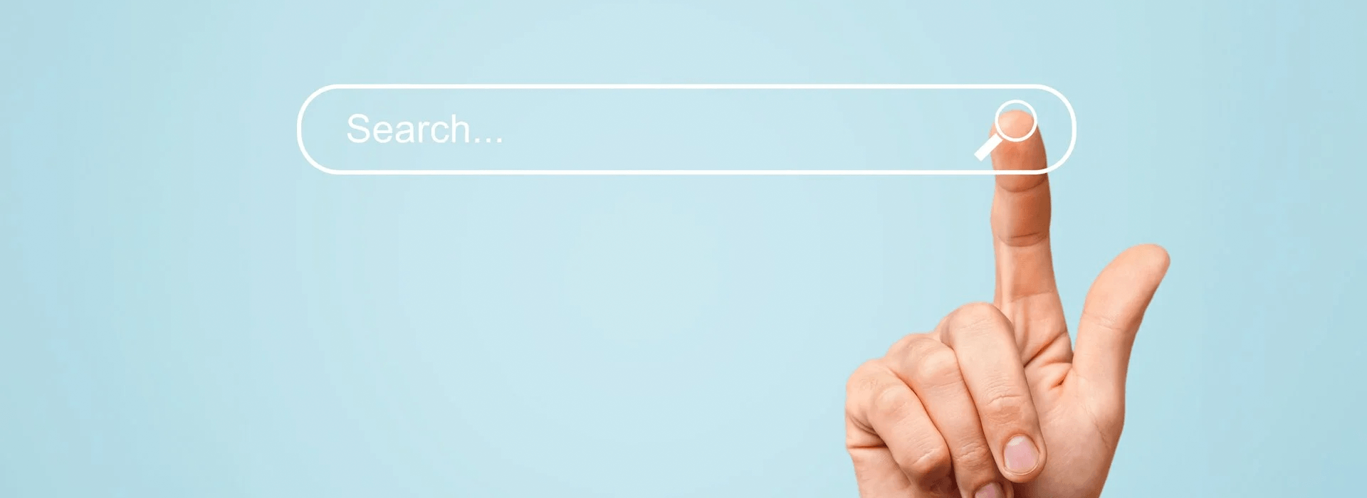 Hand pressing a search icon inside a search bar on a blue background, representing video search and title optimisation