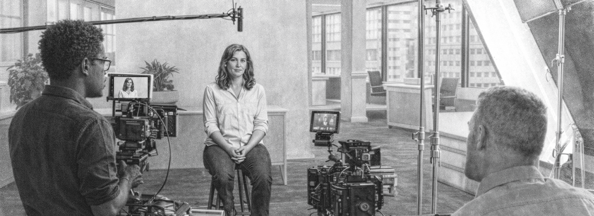 Behind-the-scenes corporate video interview with a female subject being filmed by a professional production crew