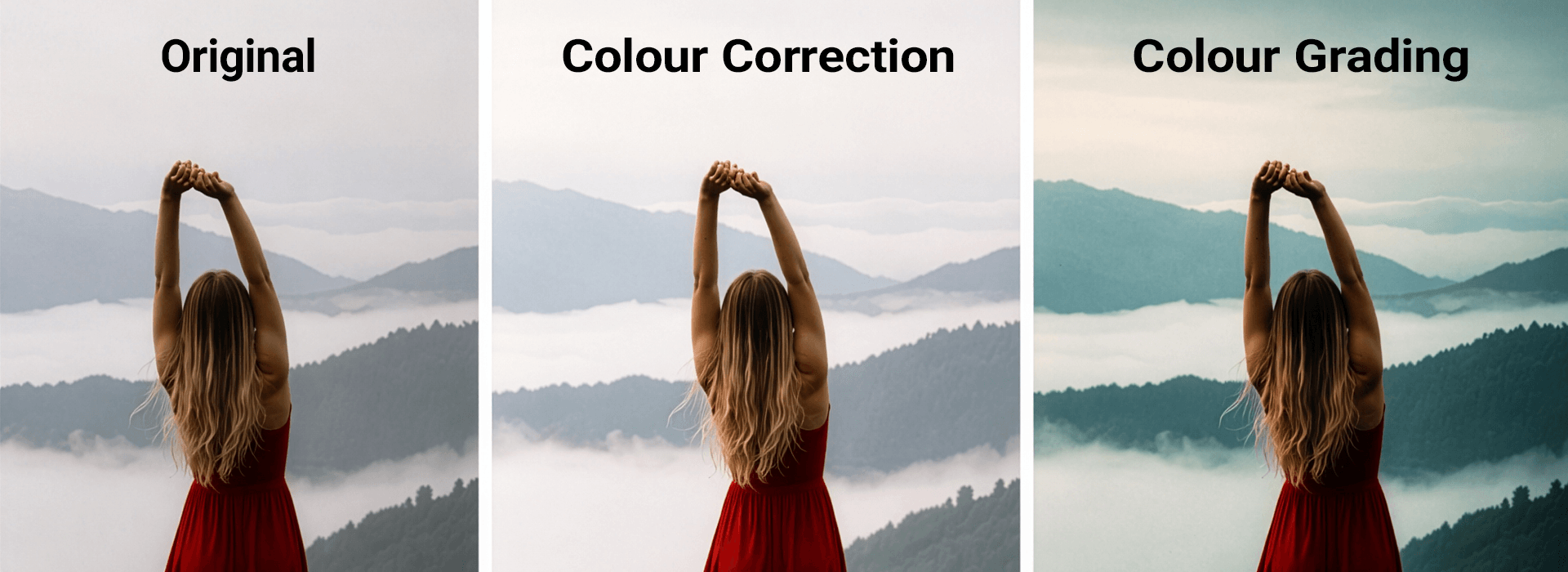 Side-by-side example showing original footage, colour-corrected footage, and colour-graded footage in a brand video workflow