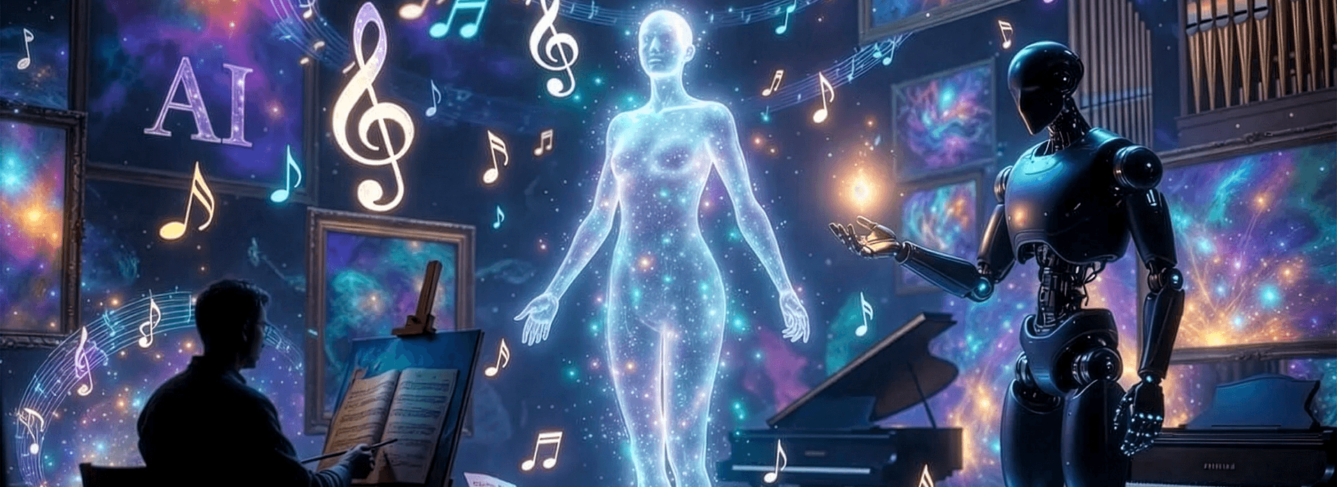 Futuristic illustration of a glowing holographic AI figure being created in a grand, cosmic music hall, with a robot on the right and a human composer at a piano on the left, surrounded by floating musical notes and an 'AI' symbol.