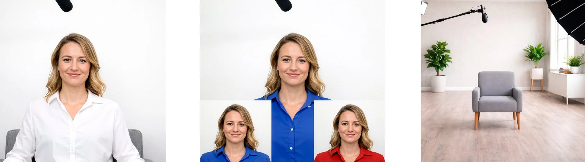 Comparison showing how a white shirt blends into a light interview background, while stronger solid colours create clearer contrast on camera