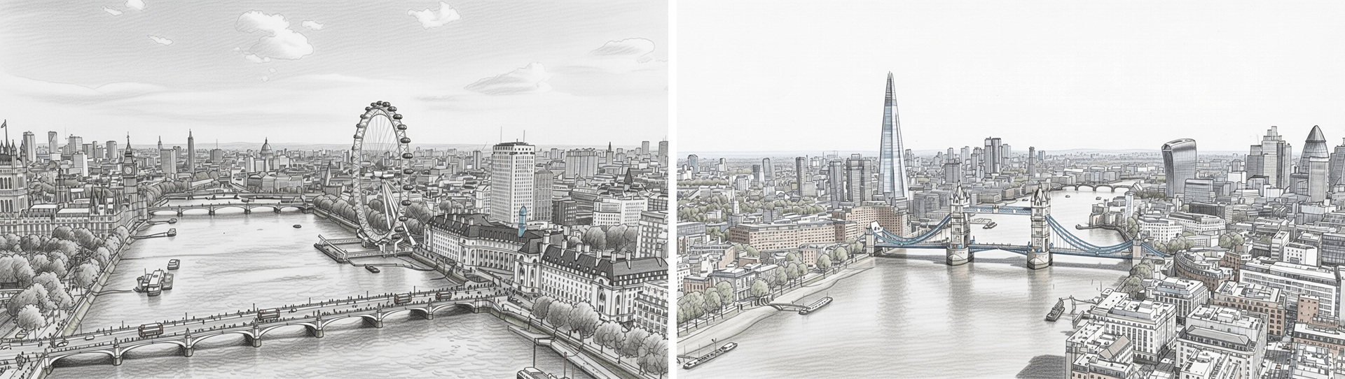 Split illustration of aerial views over the River Thames in London: left side shows the London Eye and Westminster Bridge; right side shows Tower Bridge and the Shard.