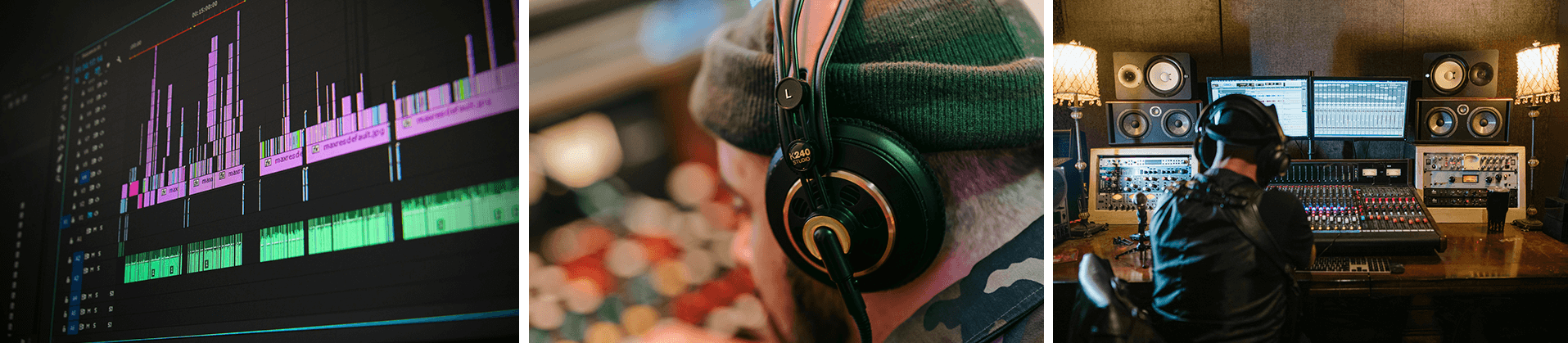 Three connected photos showing the soundtrack process for corporate video: waveform editing software, person listening with headphones, and studio mixing desk