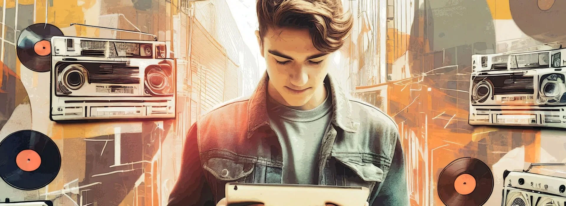 Illustrated hero image of a young person using a tablet, surrounded by retro music and boombox visuals, representing nostalgia and Gen Z media aesthetics