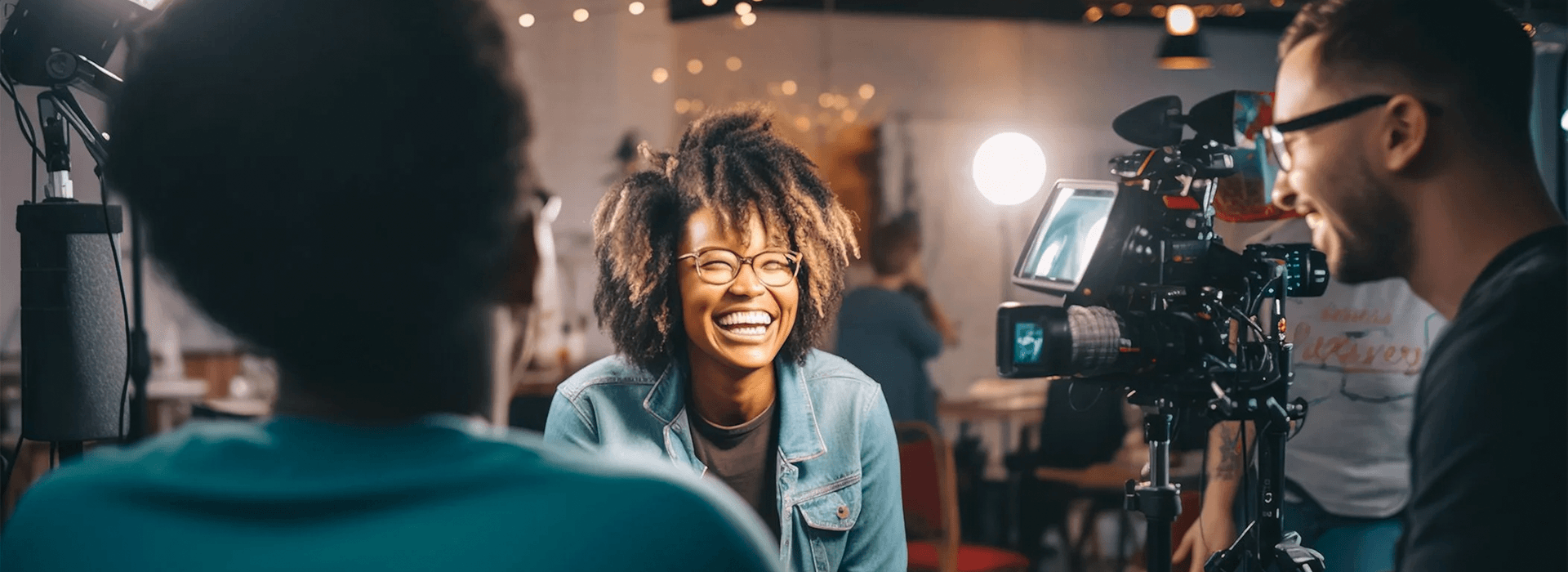 Person smiling during a filmed interview setup with camera operator and studio lighting in a video production environment.