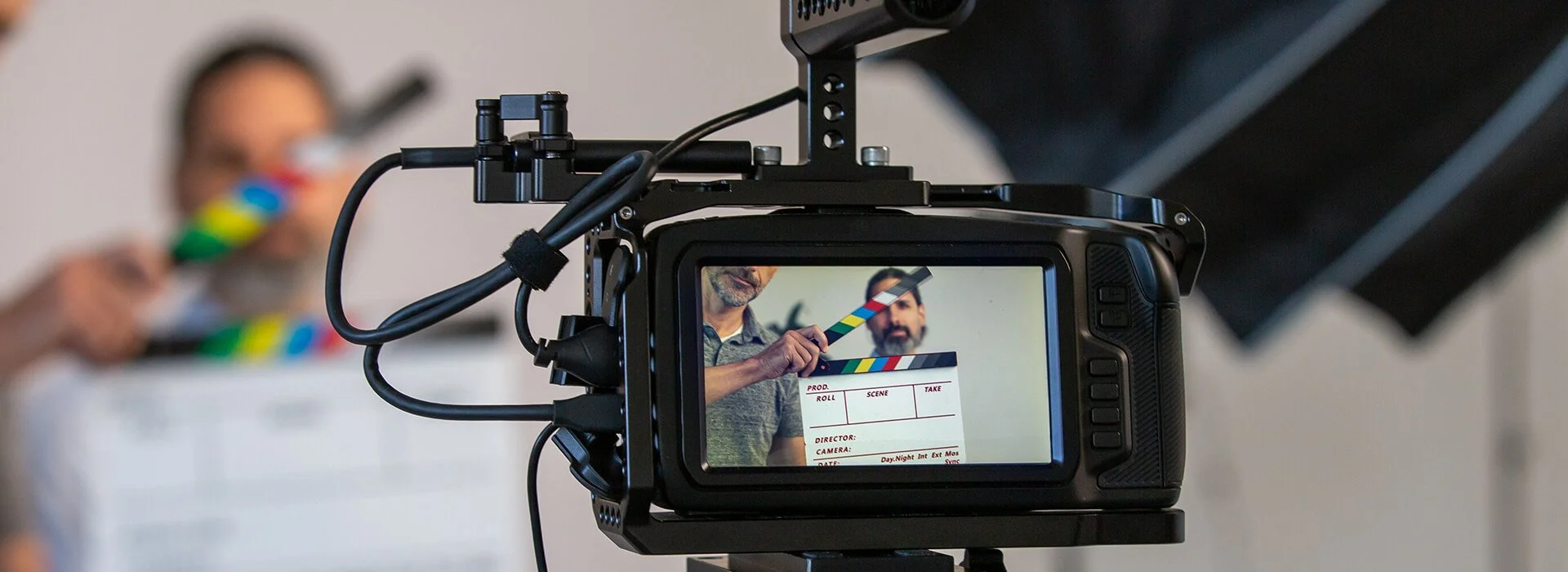 Camera setup filming a case study or testimonial video interview in progress