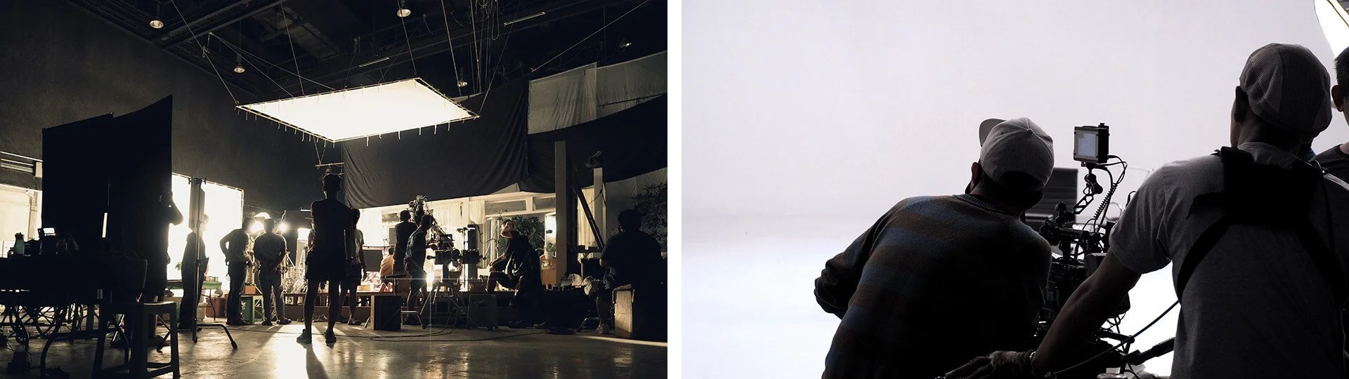 Behind-the-scenes film crew shooting a promotional video testimonial in a professional studio, capturing the human pivot moment in the story arc