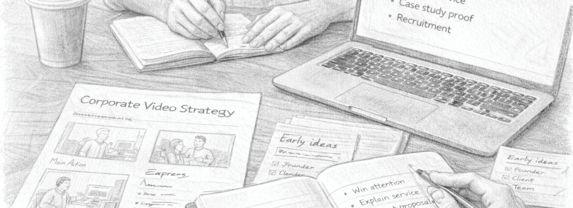 Planning notes, storyboard, and laptop used to shape a corporate video strategy decision