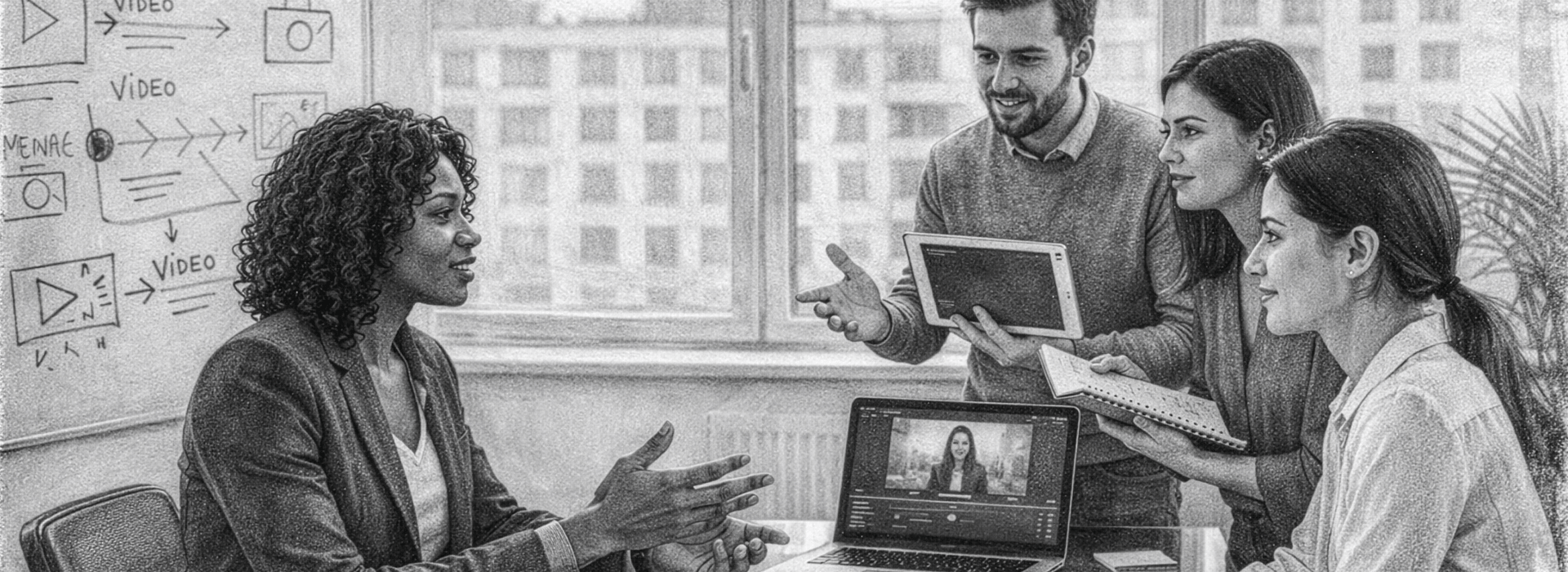 Black-and-white graphite-style illustration of a business meeting in a modern office, with one seated woman speaking to three coworkers around a table with a laptop, tablet, notes, and a whiteboard in the background.