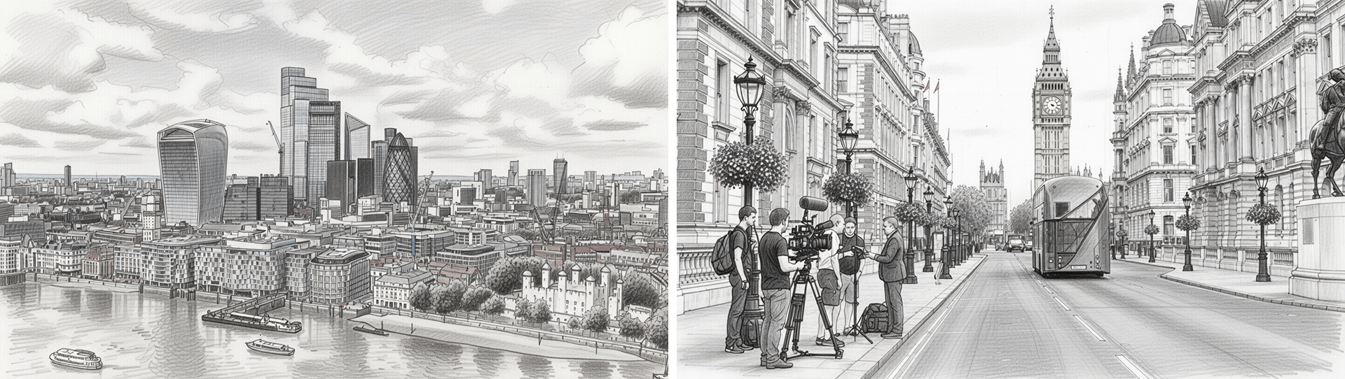 Split artistic sketch: left shows aerial view of London's City skyline with the Gherkin and Walkie Talkie; right shows film crew shooting on Whitehall street toward Big Ben with red bus