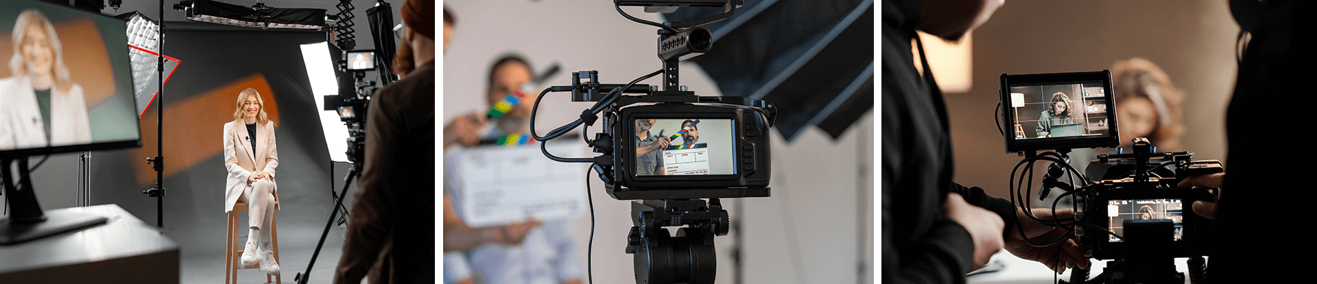 Three-panel image of filming a customer case study interview: interviewee on set, clapperboard, and camera operator checking the frame