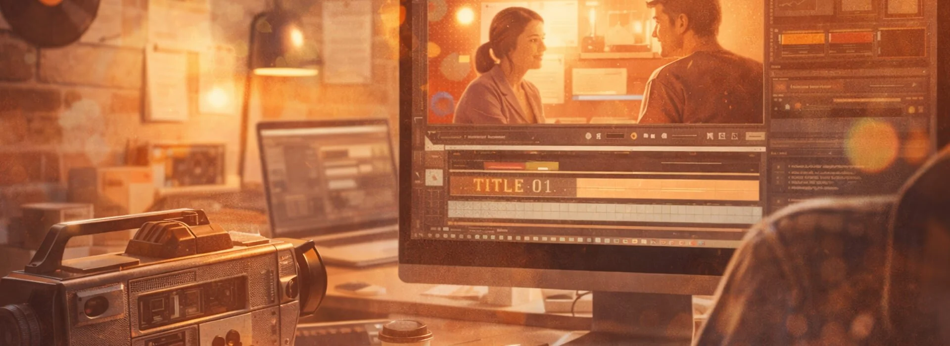 Editorial illustration of a video editor working in a warm studio environment with subtle nostalgic texture and modern editing tools