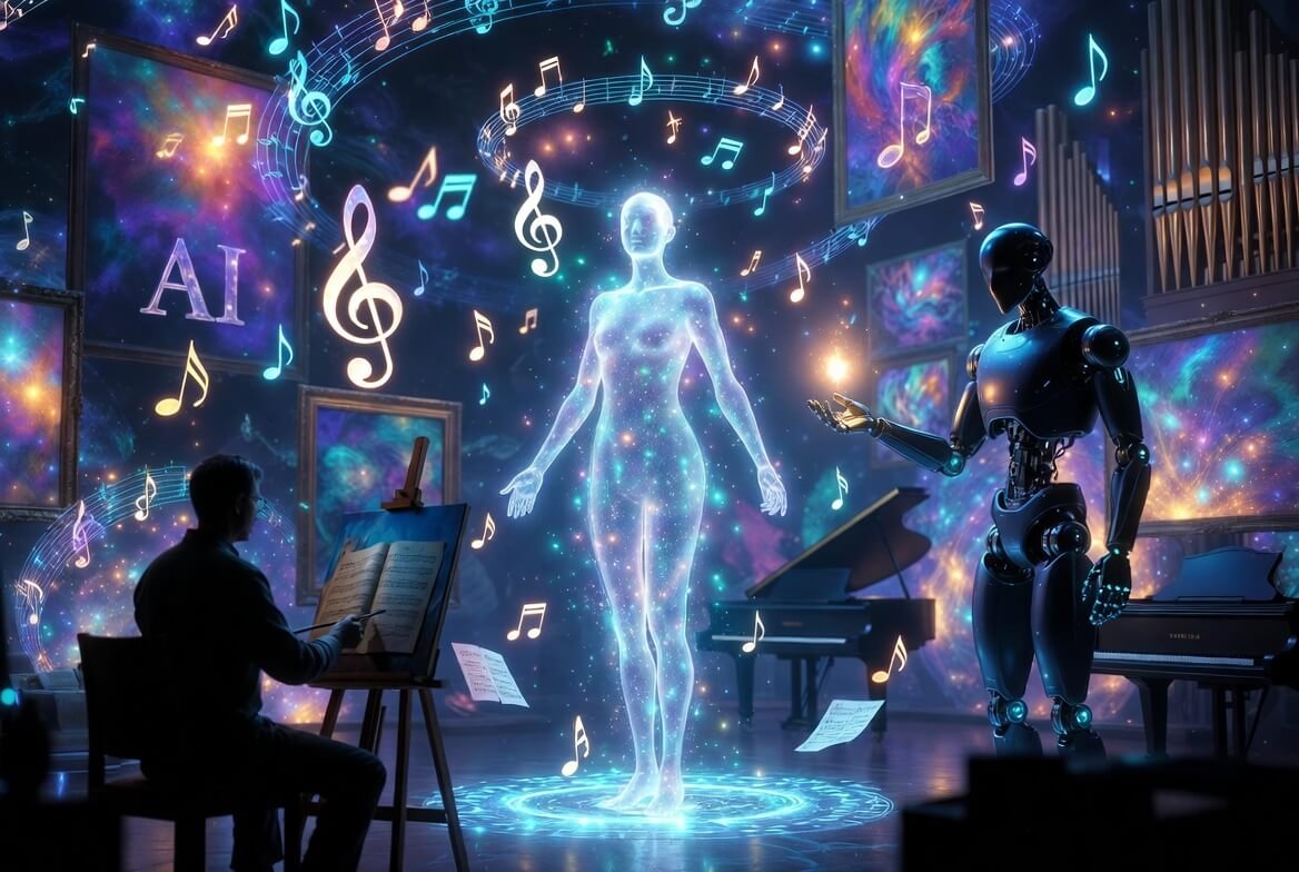 AI-generated artwork depicting a human pianist and robotic AI collaborator jointly creating an ethereal holographic figure surrounded by musical notes and artistic elements, symbolising human-AI creative partnership