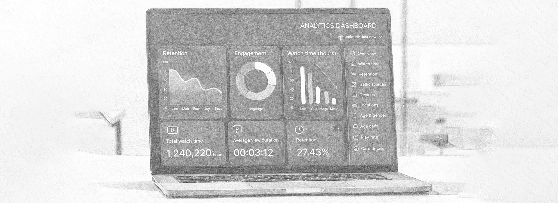 Laptop showing video analytics dashboard with retention, engagement, and watch time metrics