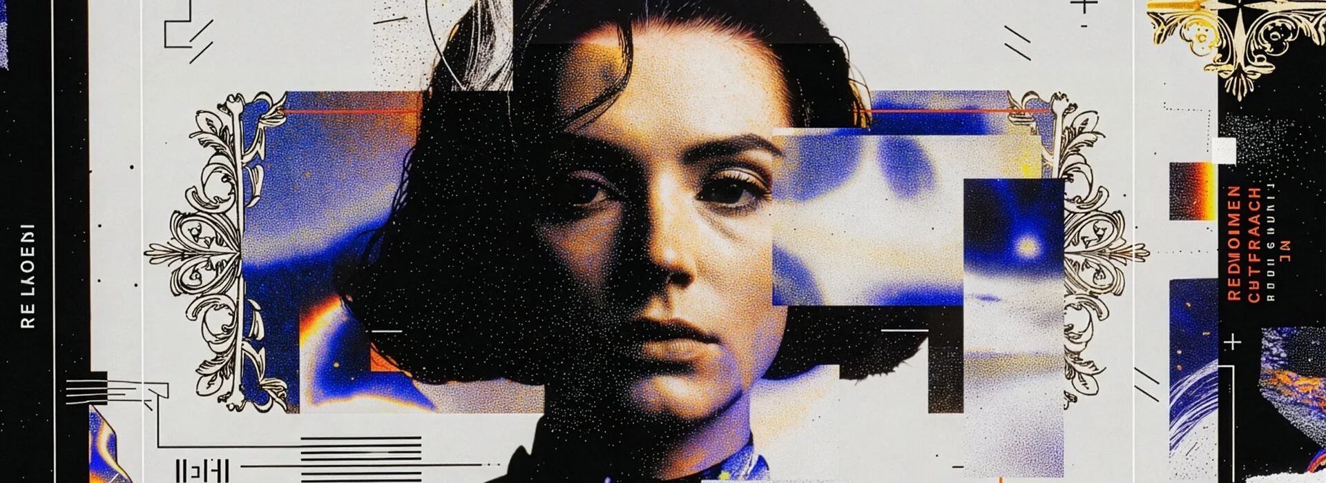 Over-stylised nostalgic brand-video visual with layered retro effects and graphic overlays competing with the subject