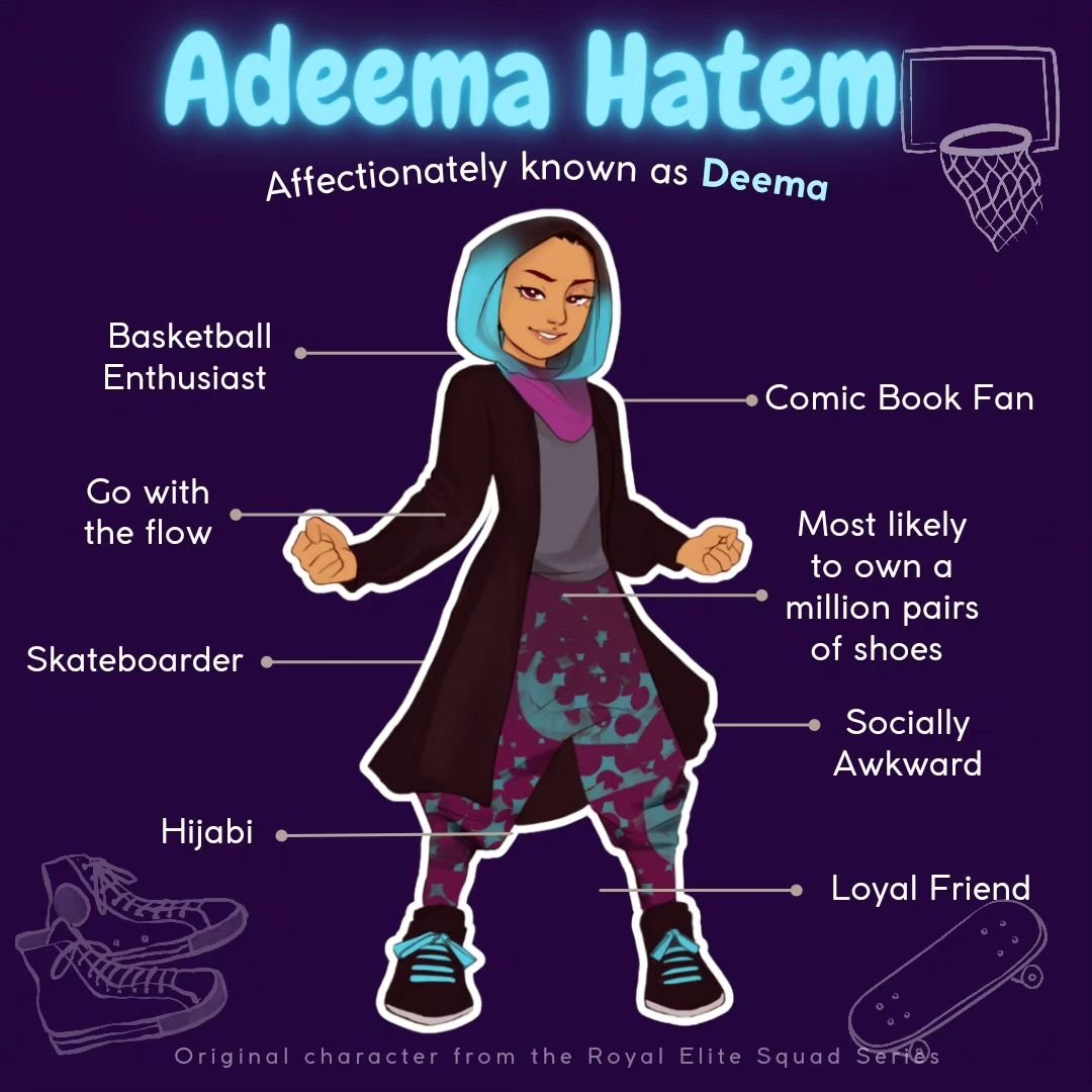 On Fridays, we talk about characters from the Royal Elite Squad universe.

Today, let's delve into Adeema Hatem ✨️ (2 of 4). 

Within the Royal Elite Squad, Adeema is a quirky comic book enthusiast with aspirations of excelling in the NBA, despite he