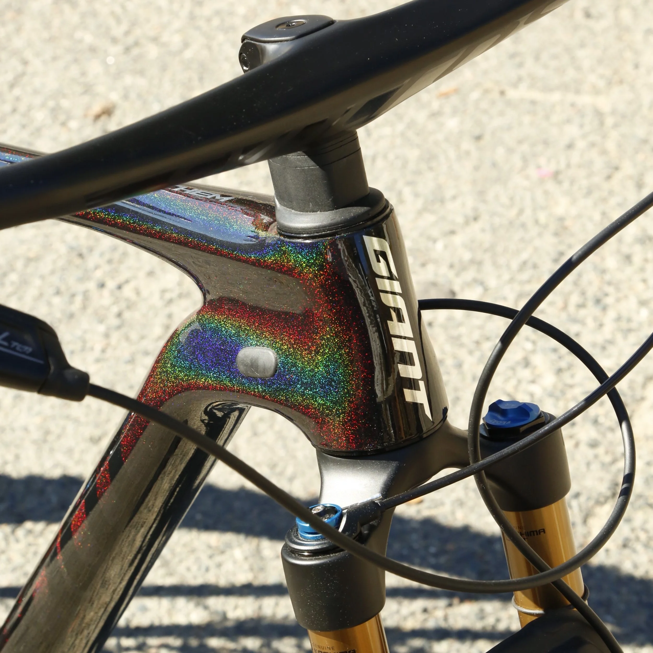 Add a little ✨sparkle✨ to your riding this fall!

Come by to see this rainbow iridescent Giant Anthem in size M - $5,999.99

Only 23.5lbs!

- SRAM XX1 Eagle AXS Drivetrain
- SRAM Level TLM brakeset
- Fox 32 SC Factory Fork
- Fox Float Rear Shock
- Ma