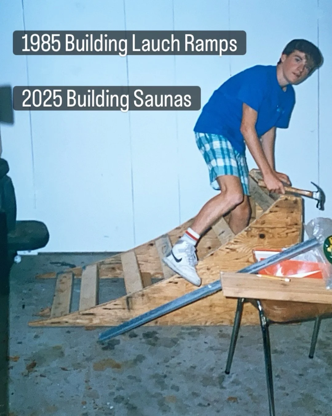 Tbt from building skateboard launch ramps in 1985 to building saunas in 2025. I recently found this picture at my Dad&rsquo;s place. At this time the only power tool I was allowed to use was a jigsaw. The last 40 years has been awesome! Hope everyone