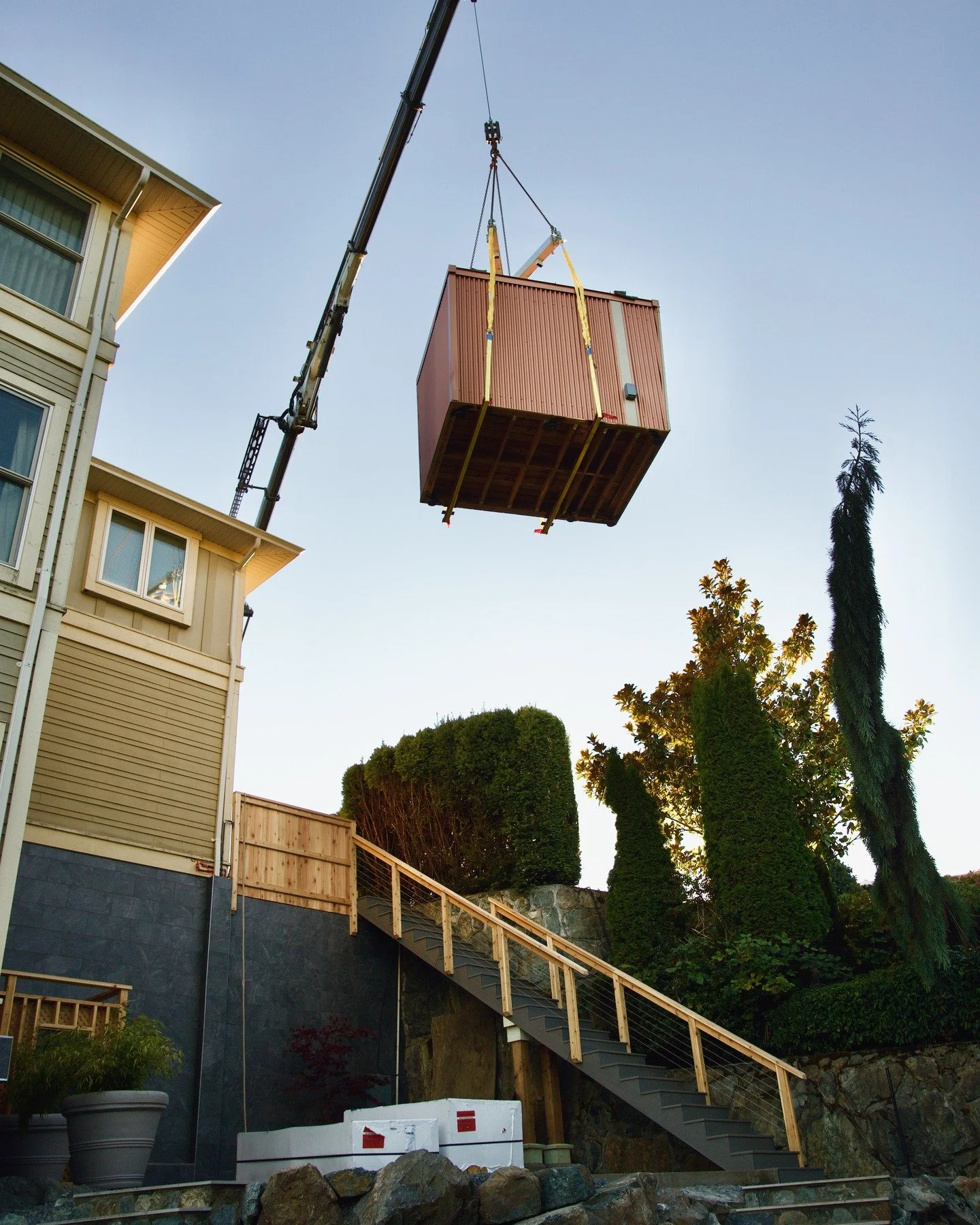 Another Zephyr Sauna delivered.🔥🔥 This was a difficult delivery and drop. I'll post a video walk-through once the stove and power are hooked up. Love how seamless this sauna fits into the incredible landscaping job done by @downtoearthnursery. Than