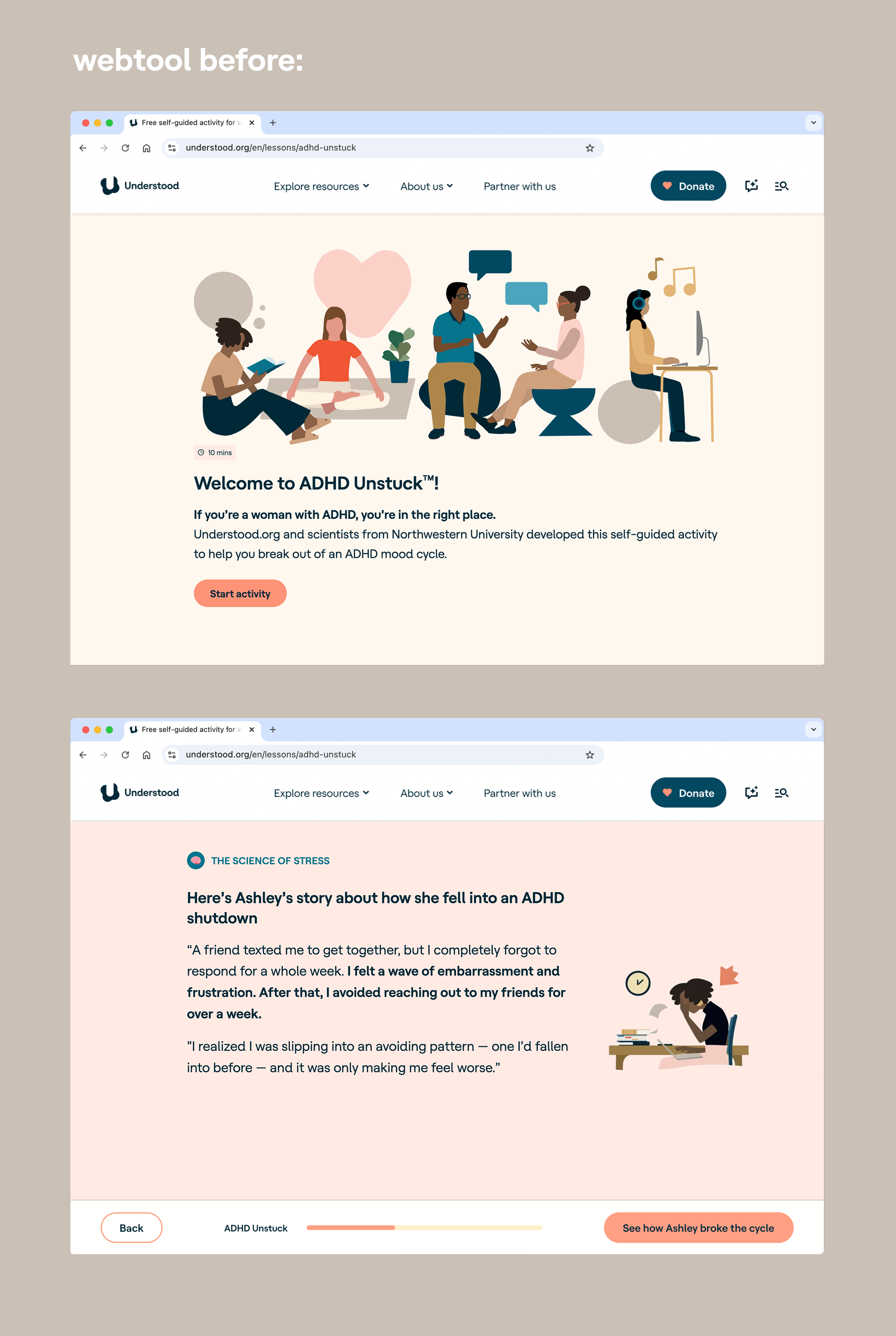 
Old webtool design used softer pastel colors and illustration style which felt disconnected from the tone and audience