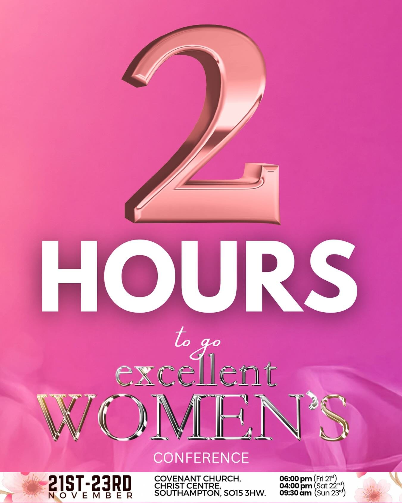 T-2 hours till we begin our Excellent Women&rsquo;s Conference 2025! 🌺 Ladies, Covenant Church is the place to be tonight. Come expectant, we look forward to seeing you. 😊 

#excellentwomen #womenoffaith #godlywomen #excellence #covenantchurchuk #s
