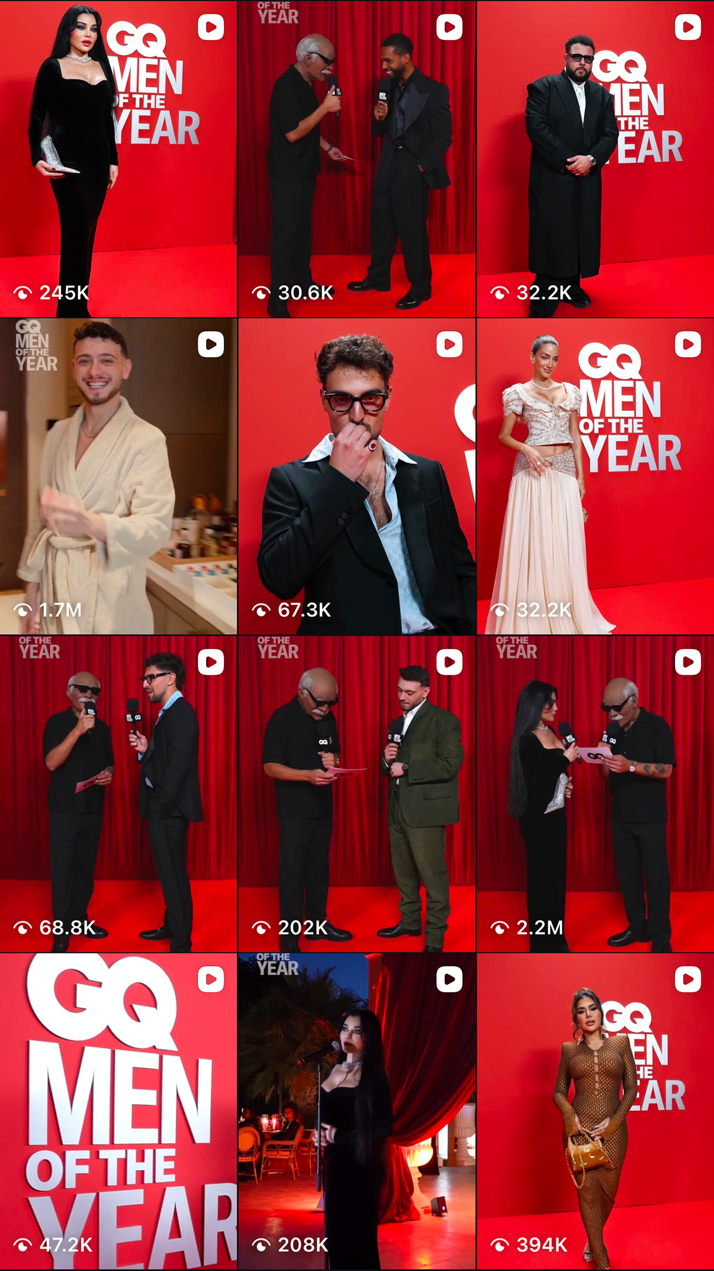 A collage of twelve images from the GQ Men of the Year event, featuring celebrities and event hosts posing on a red carpet with GQ branding and red curtains in the background.