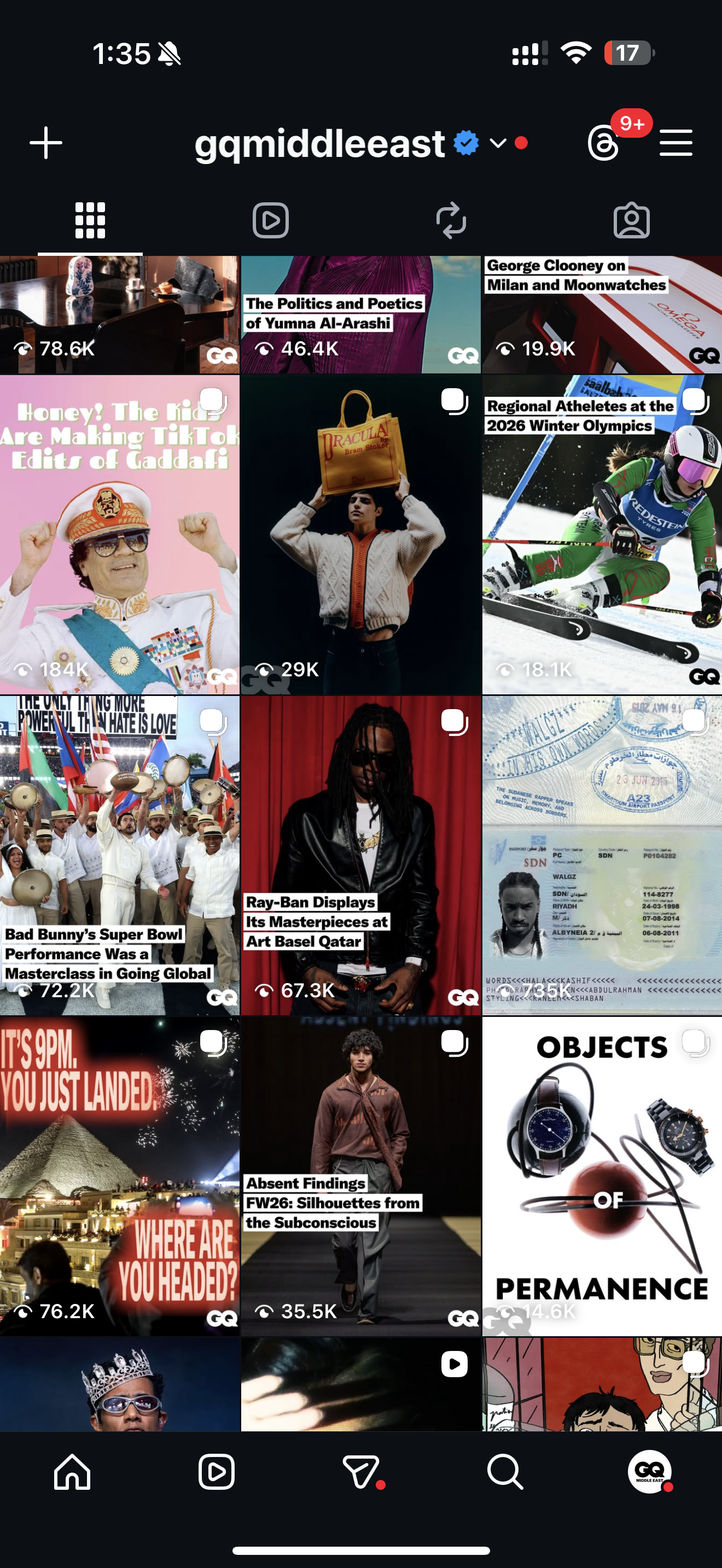 Screenshot of a social media app feed displaying various images and headlines, including cultural events, sports, art, and news.